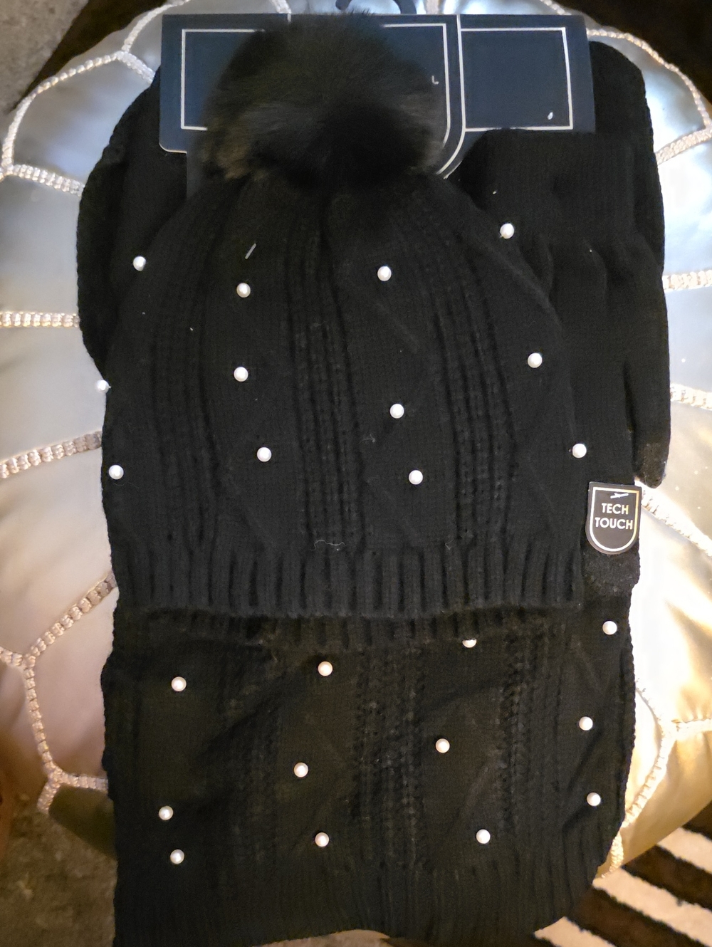 Black Pearl-Embellished Winter Hat , Scarf And Glove Set